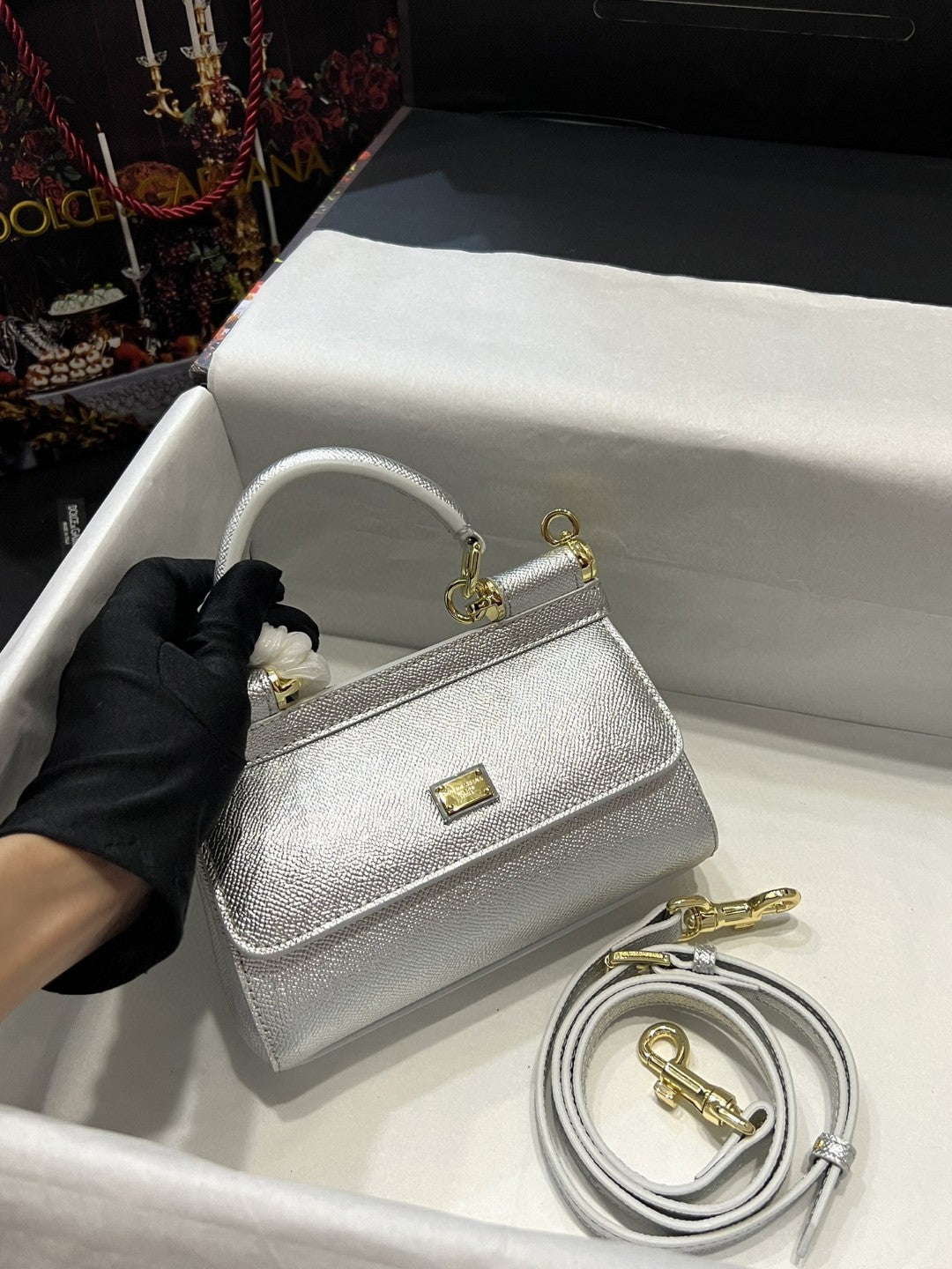 DG Small Sicily Bag In Dauphine Silver For Women 7.5in/19cm DG