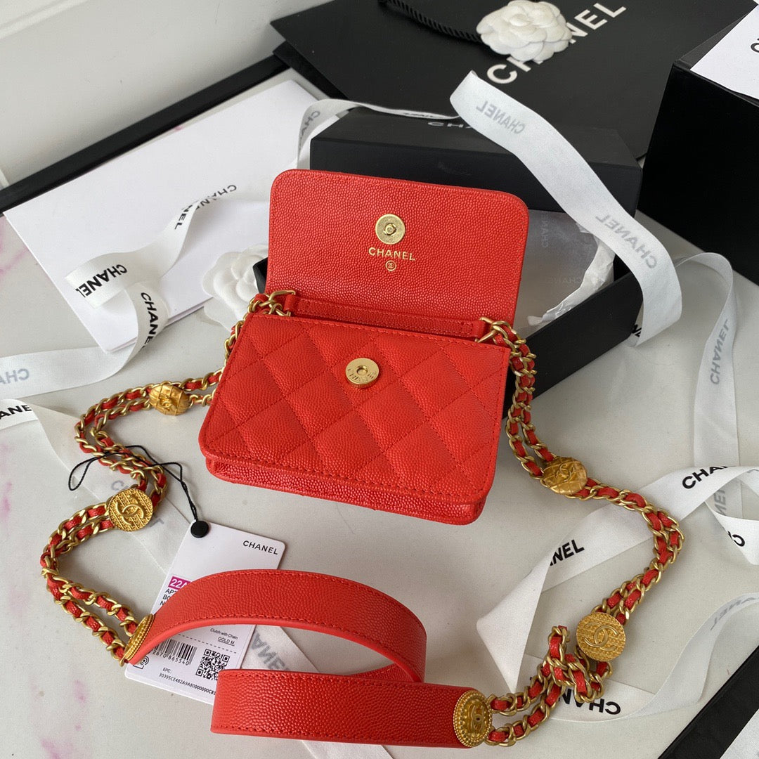 Chanel Clutch With Chain Gold Hardware Grained Shinny Red For Women, Women’s Handbags, Shoulder Bags 4.7in/12cm AP2857