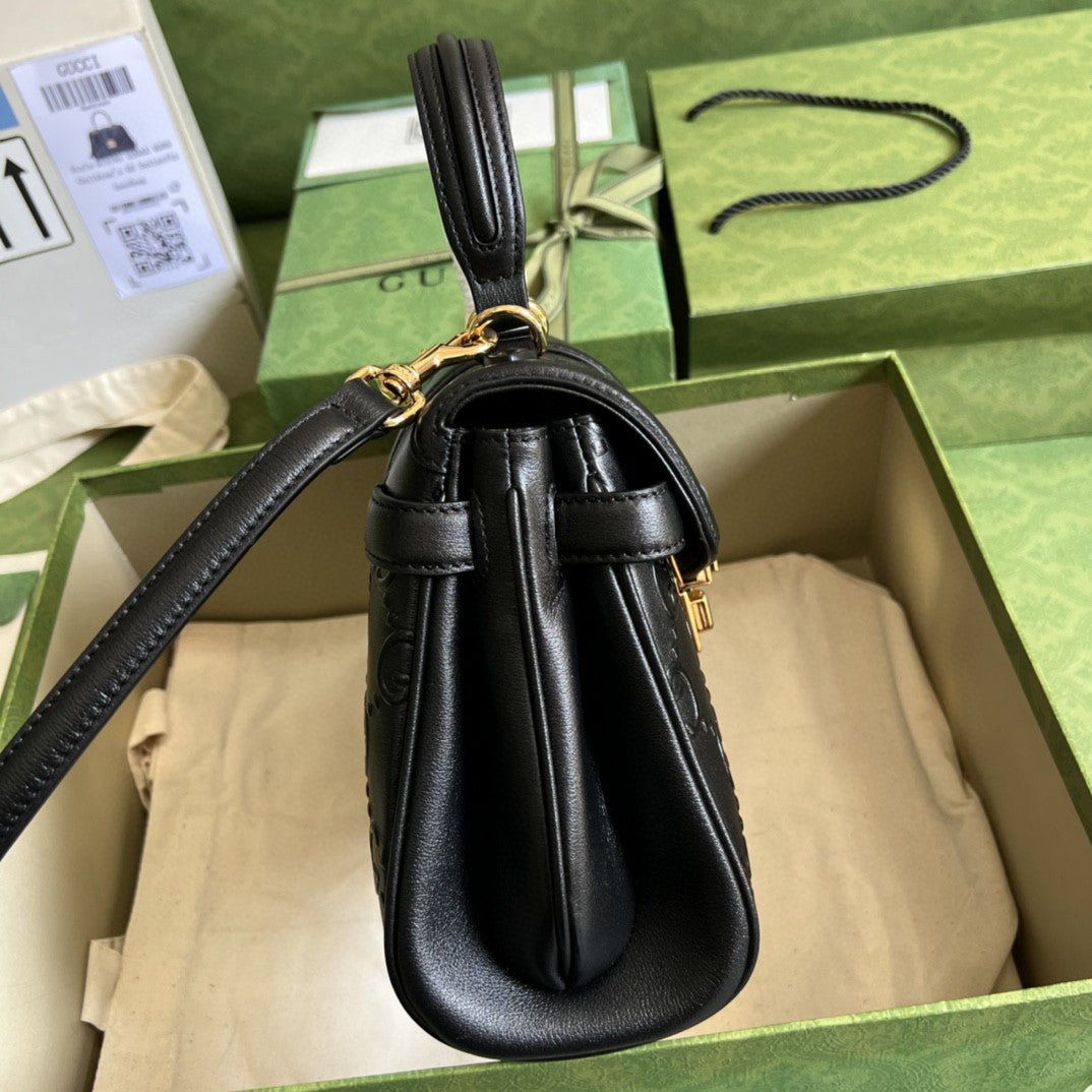 gg Small gg Top Handle Bag Black Debossed For Women 11in/29cm gg 675791 UD9AG 1000