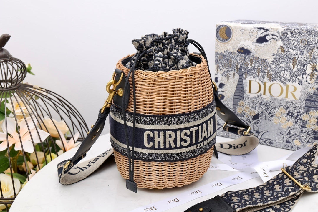 DI Medium Lady Bag Natural Wicker Blue For Women 28cm/11in CD M0505CMVO_M808
