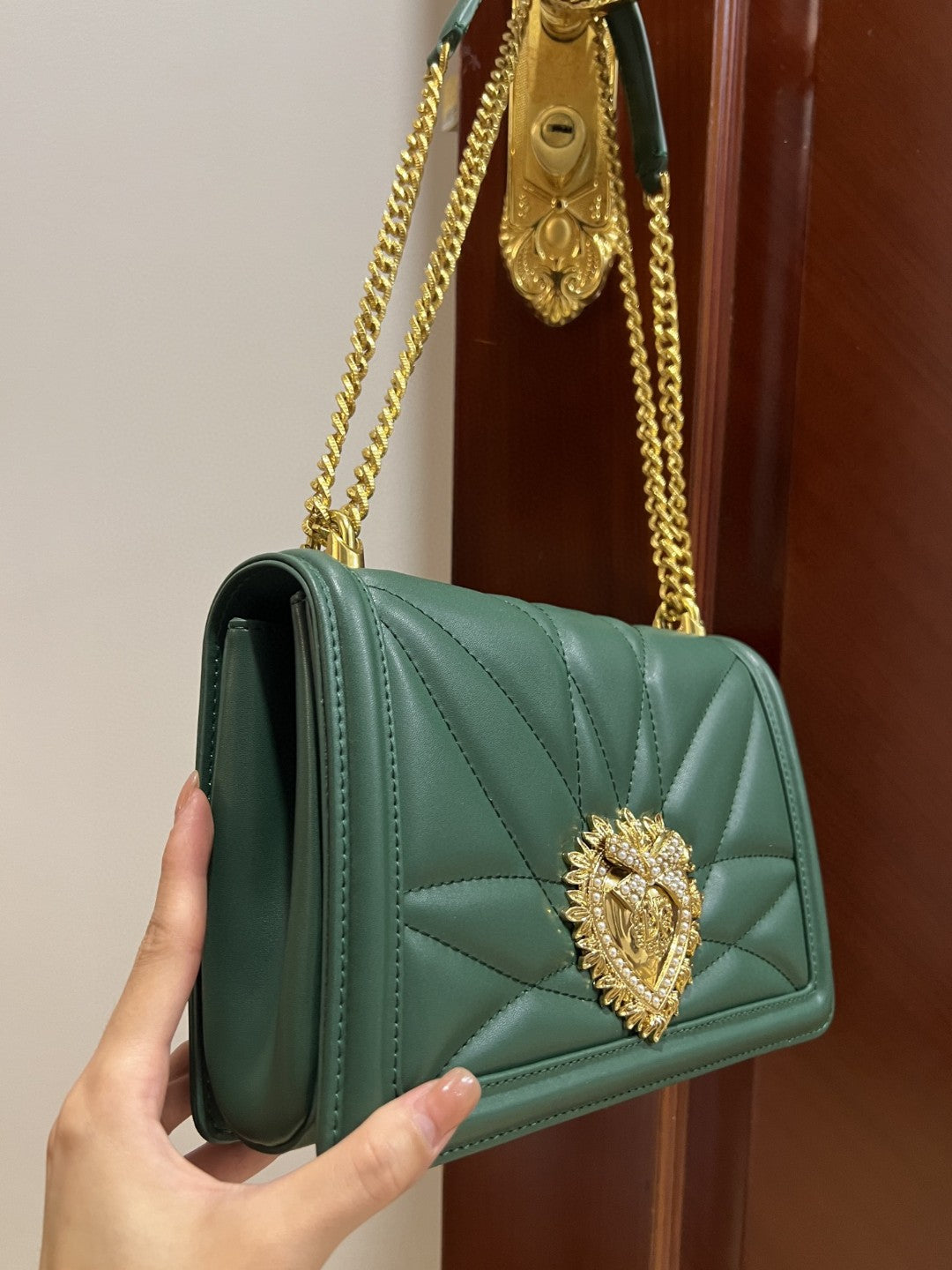 DG Large Devotion Bag In Quilted Nappa Green For Women 10in/26cm DG