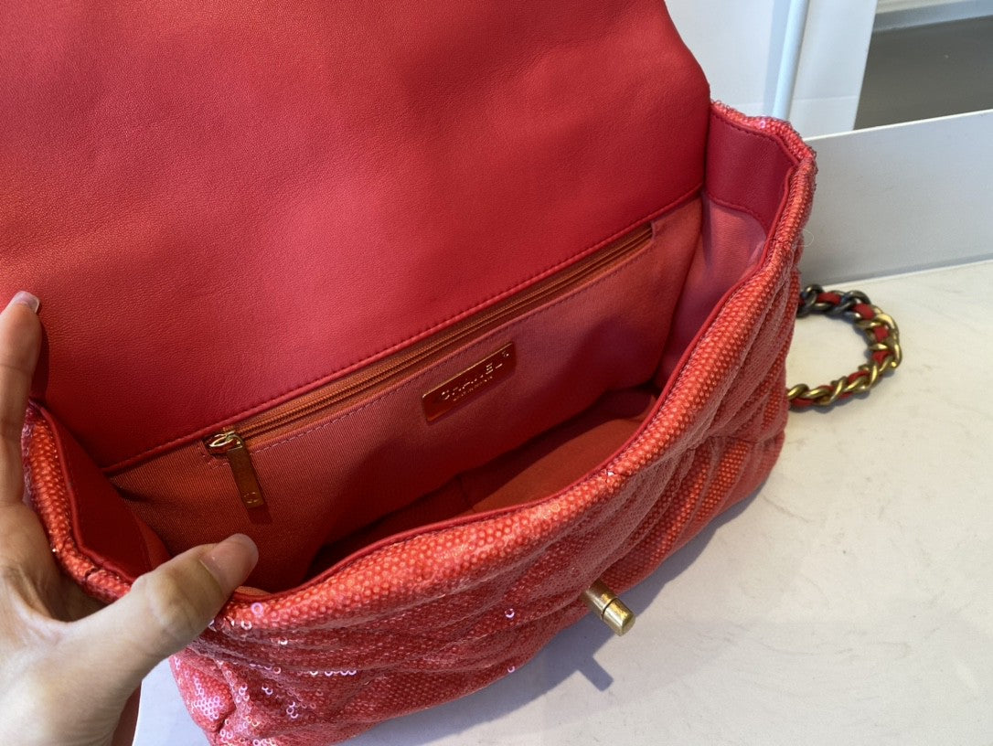 CHL 19 Flap Bag Gold Hardware Red For Women, Women’s Handbags, Shoulder Bags 10.2in/26cm AS1160