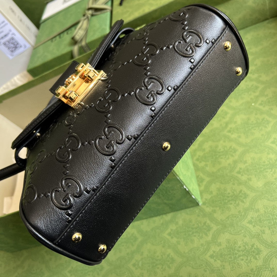 gg Small gg Top Handle Bag Black Debossed For Women 11in/29cm gg 675791 UD9AG 1000