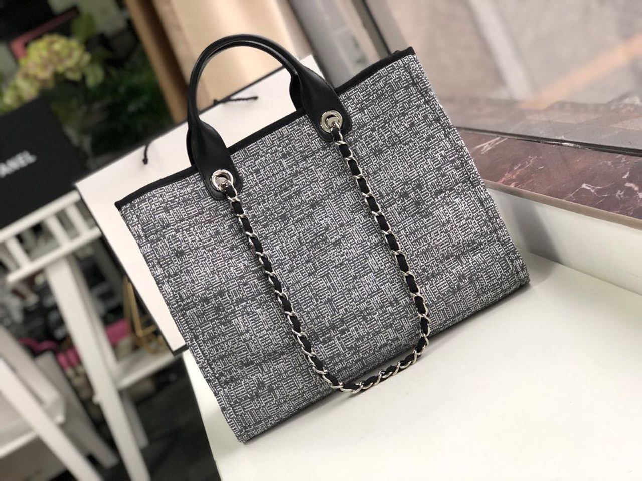 Chanel Deauville Tote Raffia Canvas Bag Black/White For Women 14.9in/38cm