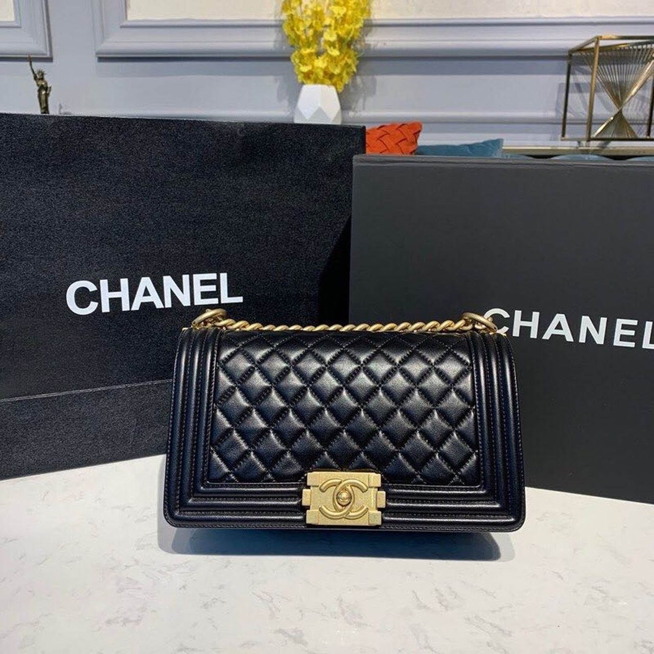 CHL Boy Handbag Gold Toned Hardware Black For Women, Women’s Bags, Shoulder And Crossbody Bags 9.8in/25cm A67086