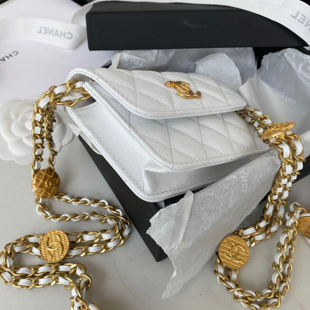 Chanel Clutch With Chain Gold Hardware Grained Shinny White For Women, Women’s Handbags, Shoulder Bags 4.7in/12cm AP2857