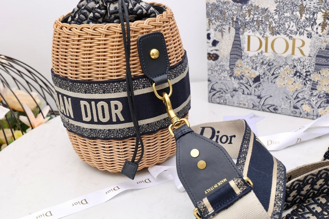 DI Medium Lady Bag Natural Wicker Blue For Women 28cm/11in CD M0505CMVO_M808
