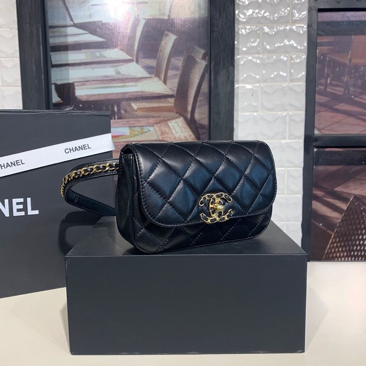 CHL Chain Infinity Waist Belt Bag Black For Women, Women’s Bags 6.7in/17cm