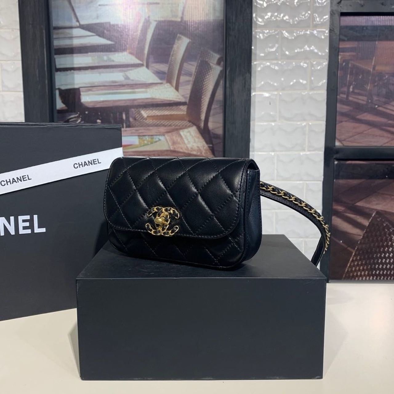 CHL Chain Infinity Waist Belt Bag Black For Women, Women’s Bags 6.7in/17cm