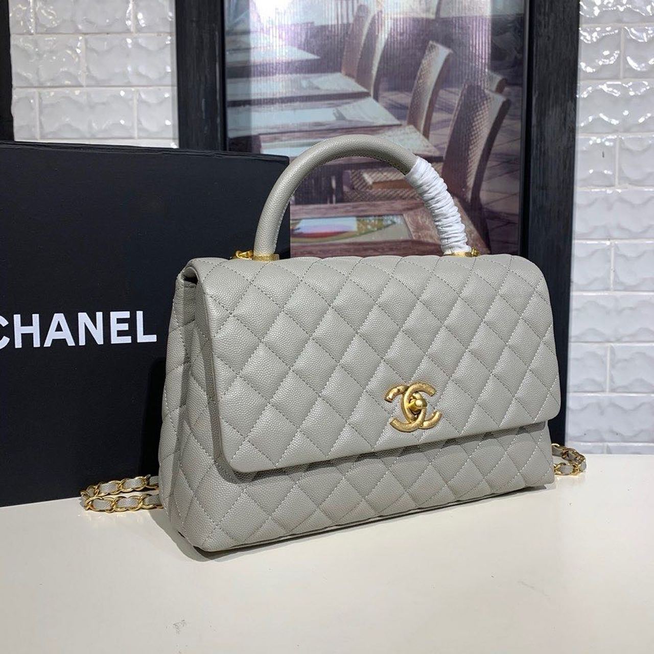 ChanelLarge Flap Bag With Top Handle Grey For Women, Women’s Handbags, Shoulder And Crossbody Bags 11in/28cm A92991