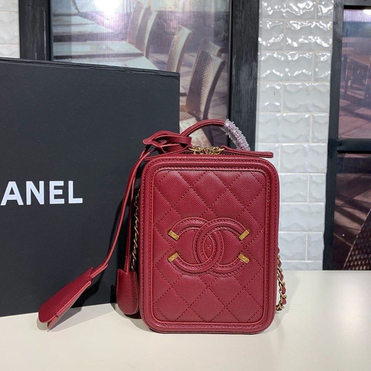 Chanel Filigree Vertical Vanity Case Bag Burgundy For Women, Women’s Handbags, Shoulder And Crossbody Bags 6.7in/17cm
