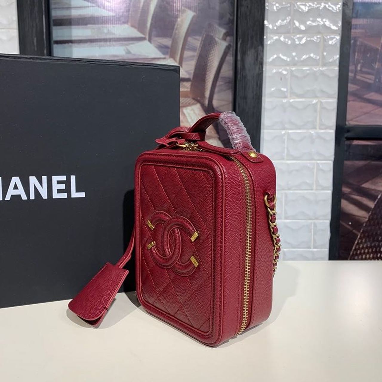 Chanel Filigree Vertical Vanity Case Bag Burgundy For Women, Women’s Handbags, Shoulder And Crossbody Bags 6.7in/17cm