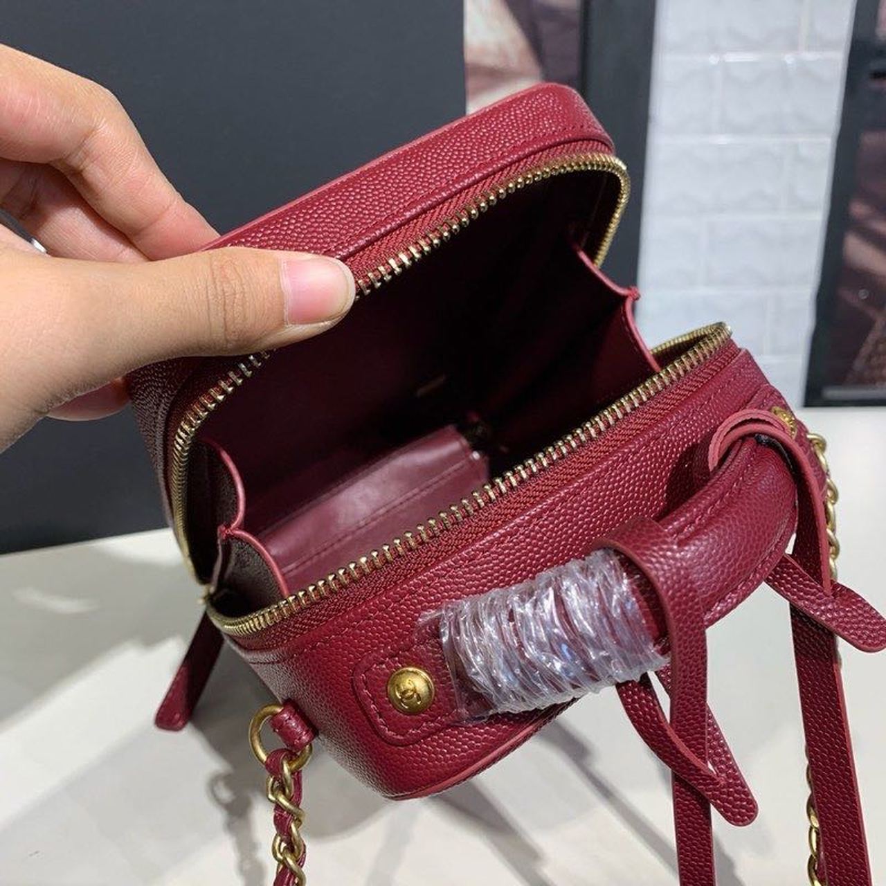 Chanel Filigree Vertical Vanity Case Bag Burgundy For Women, Women’s Handbags, Shoulder And Crossbody Bags 6.7in/17cm