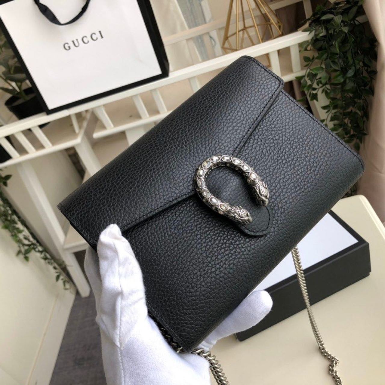 gg Dionysus Mini Chain Bag Black Metal-Free Tanned For Women 8in/20cm gg 401231 CAOGN 8176