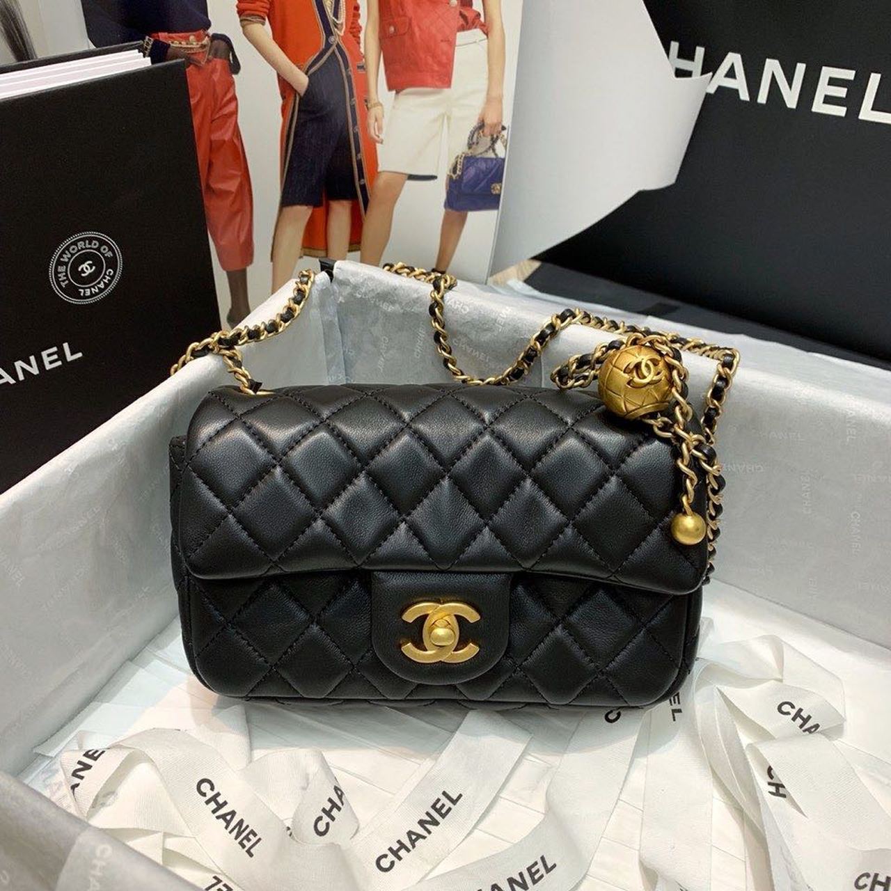ChanelFlap Bag With ChanelBall On Strap Black For Women, Women’s Handbags, Shoulder And Crossbody Bags 7.8in/20cm AS1787