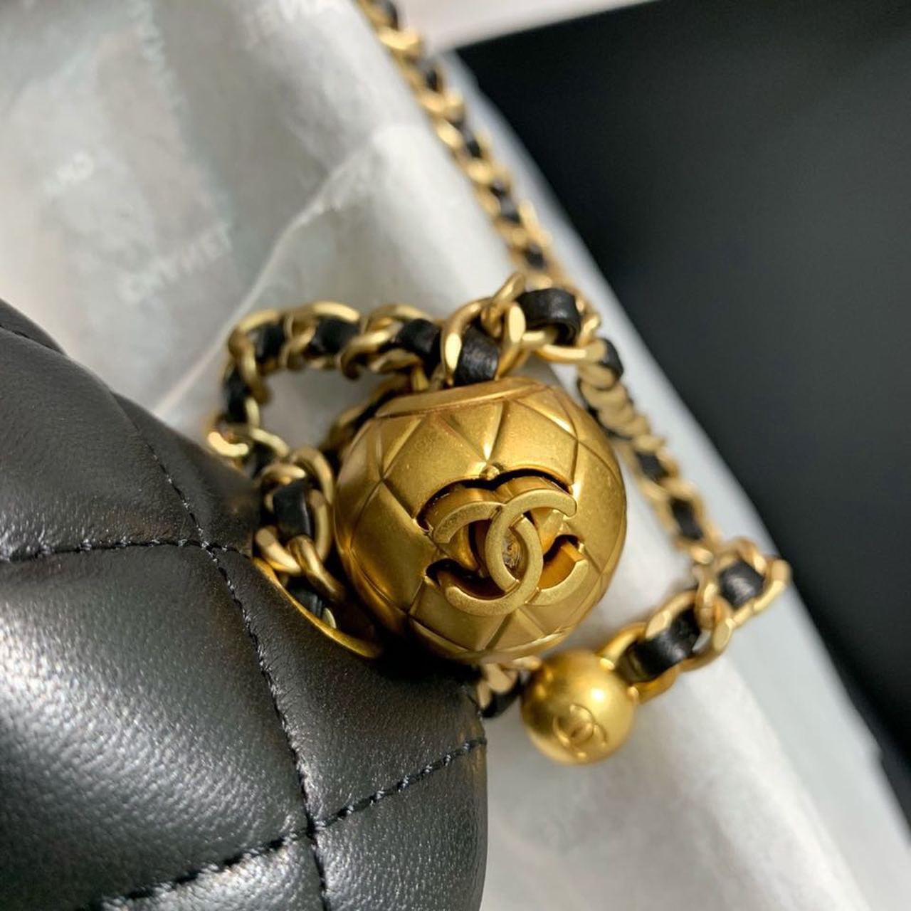 ChanelFlap Bag With ChanelBall On Strap Black For Women, Women’s Handbags, Shoulder And Crossbody Bags 7.8in/20cm AS1787
