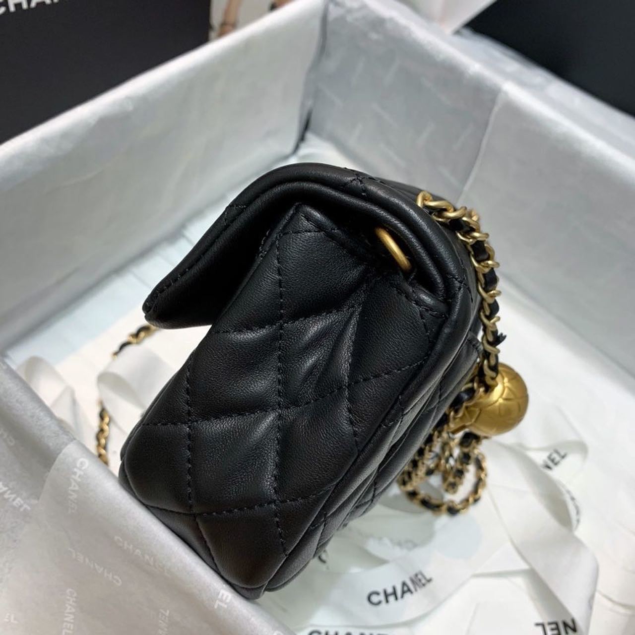 ChanelFlap Bag With ChanelBall On Strap Black For Women, Women’s Handbags, Shoulder And Crossbody Bags 7.8in/20cm AS1787