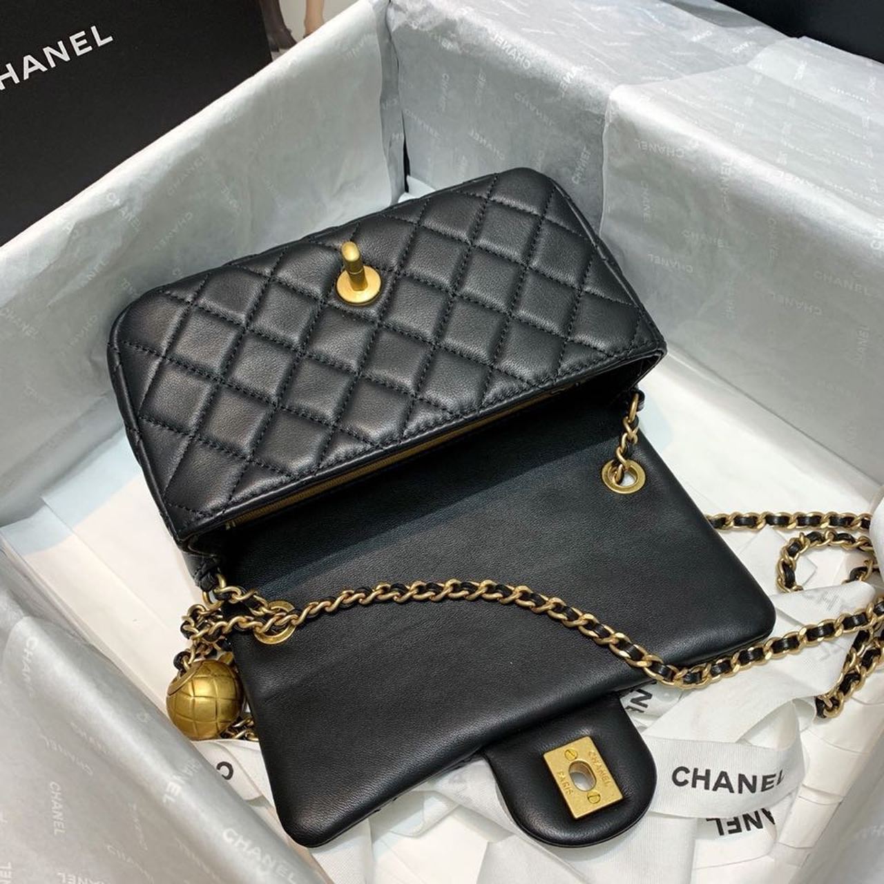 ChanelFlap Bag With ChanelBall On Strap Black For Women, Women’s Handbags, Shoulder And Crossbody Bags 7.8in/20cm AS1787