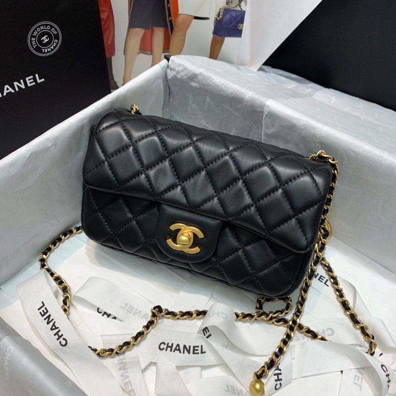 ChanelFlap Bag With ChanelBall On Strap Black For Women, Women’s Handbags, Shoulder And Crossbody Bags 7.8in/20cm AS1787