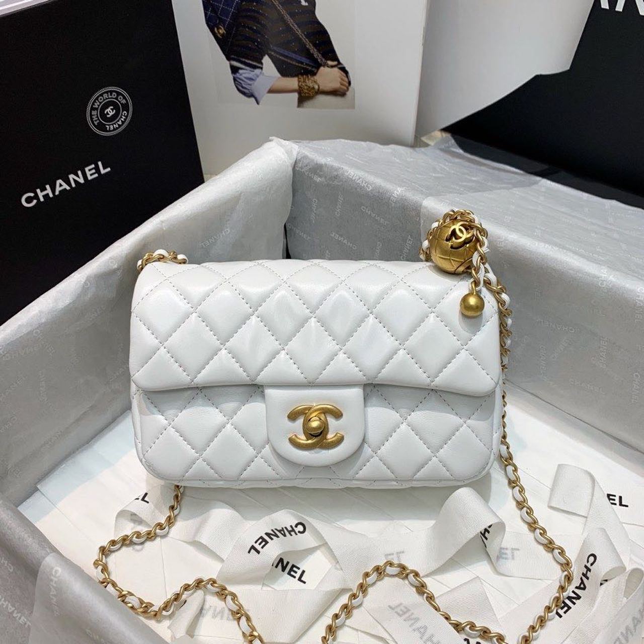 ChanelFlap Bag With ChanelBall On Strap White For Women, Women’s Handbags, Shoulder And Crossbody Bags 7.8in/20cm AS1787