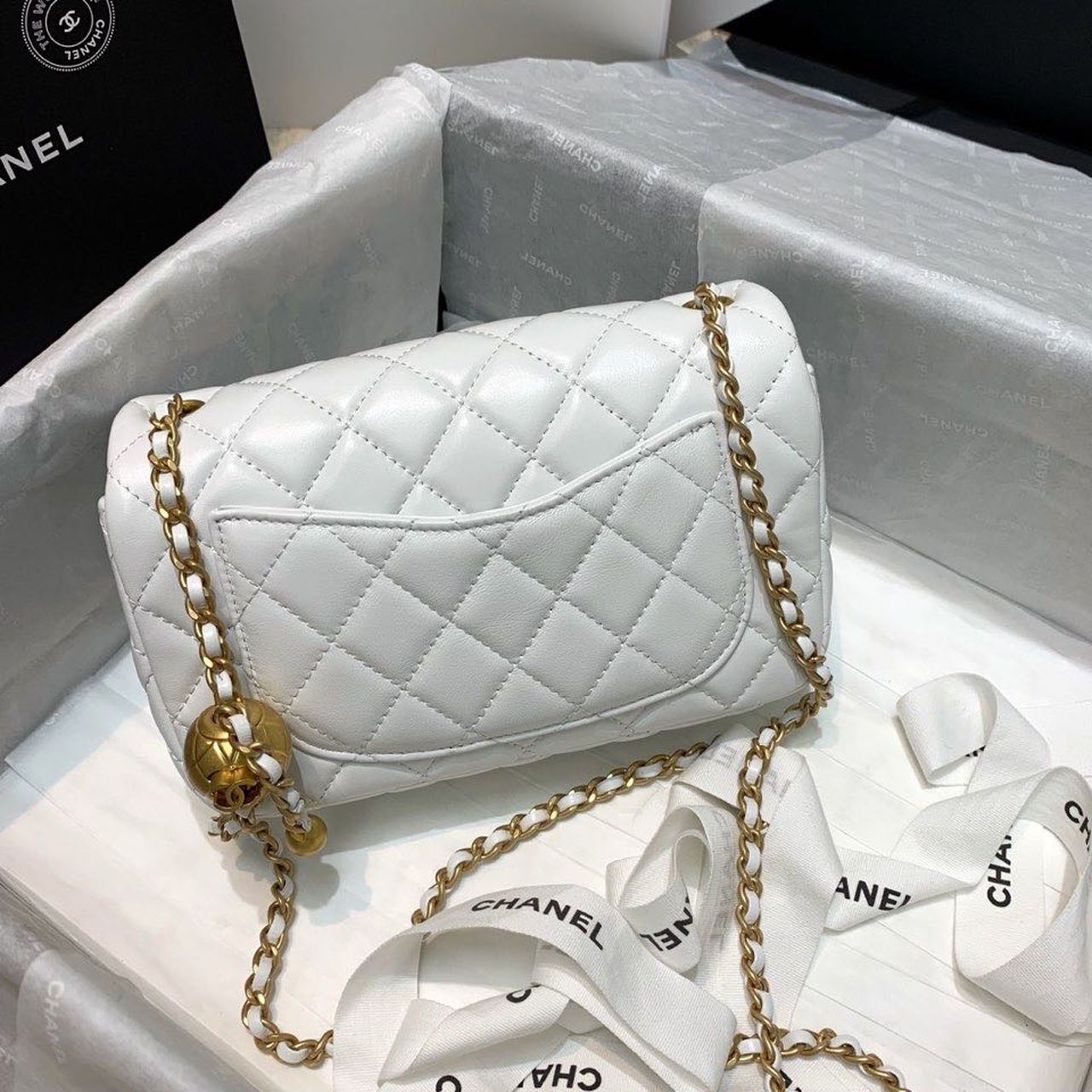 ChanelFlap Bag With ChanelBall On Strap White For Women, Women’s Handbags, Shoulder And Crossbody Bags 7.8in/20cm AS1787