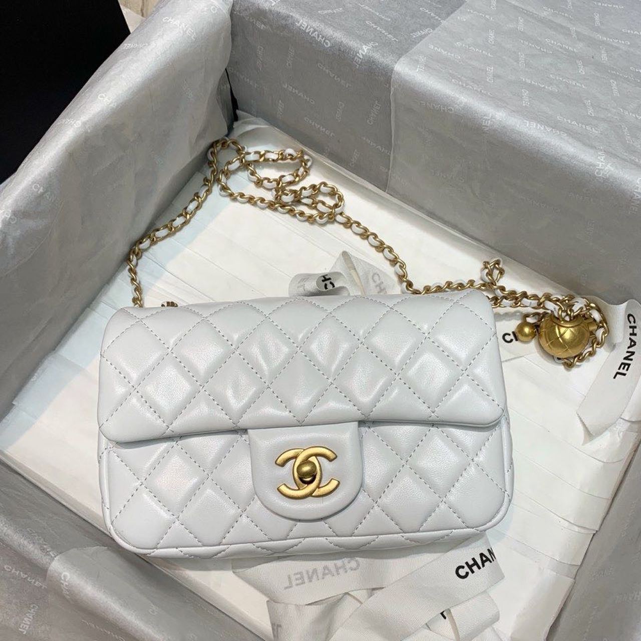 ChanelFlap Bag With ChanelBall On Strap White For Women, Women’s Handbags, Shoulder And Crossbody Bags 7.8in/20cm AS1787