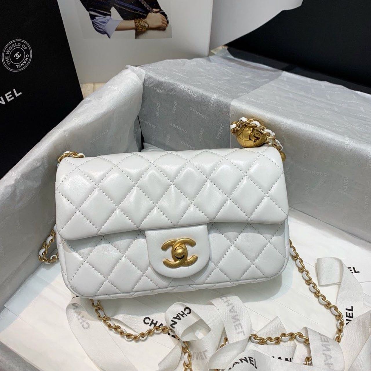 ChanelFlap Bag With ChanelBall On Strap White For Women, Women’s Handbags, Shoulder And Crossbody Bags 7.8in/20cm AS1787