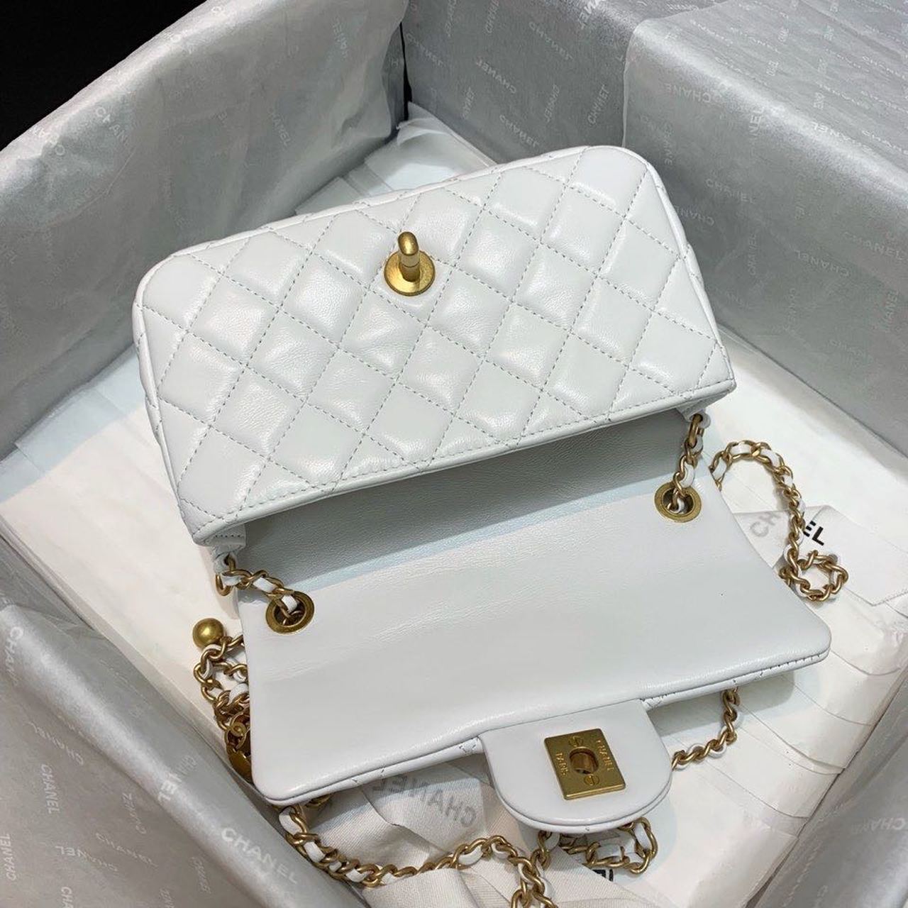 ChanelFlap Bag With ChanelBall On Strap White For Women, Women’s Handbags, Shoulder And Crossbody Bags 7.8in/20cm AS1787