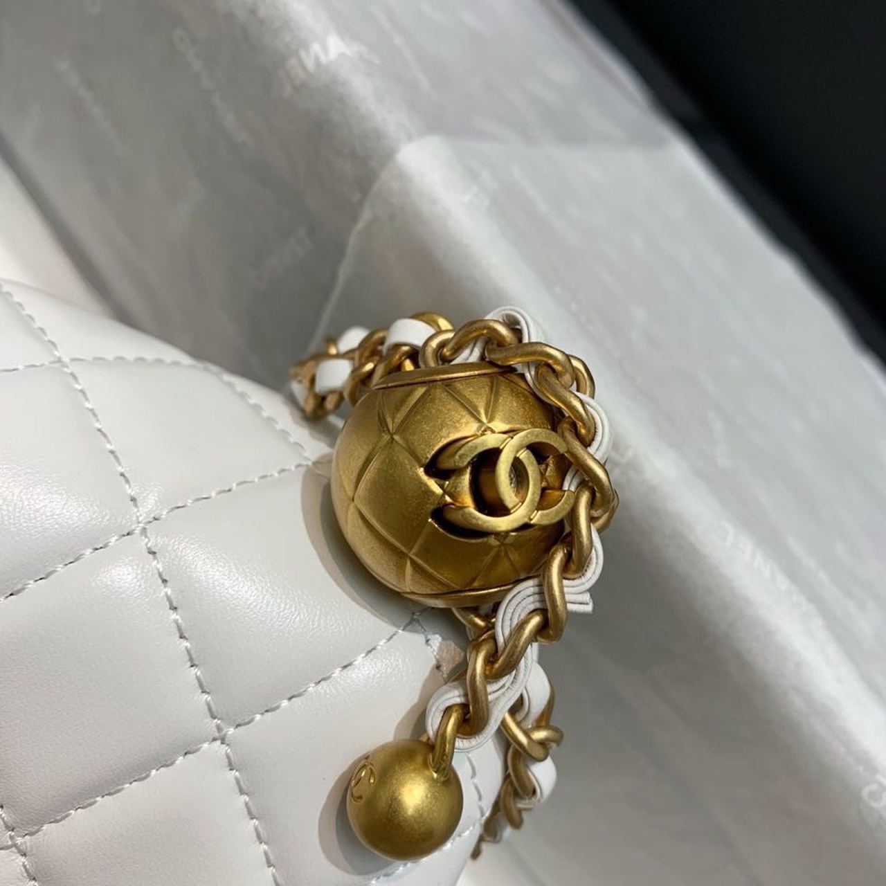 ChanelFlap Bag With ChanelBall On Strap White For Women, Women’s Handbags, Shoulder And Crossbody Bags 7.8in/20cm AS1787