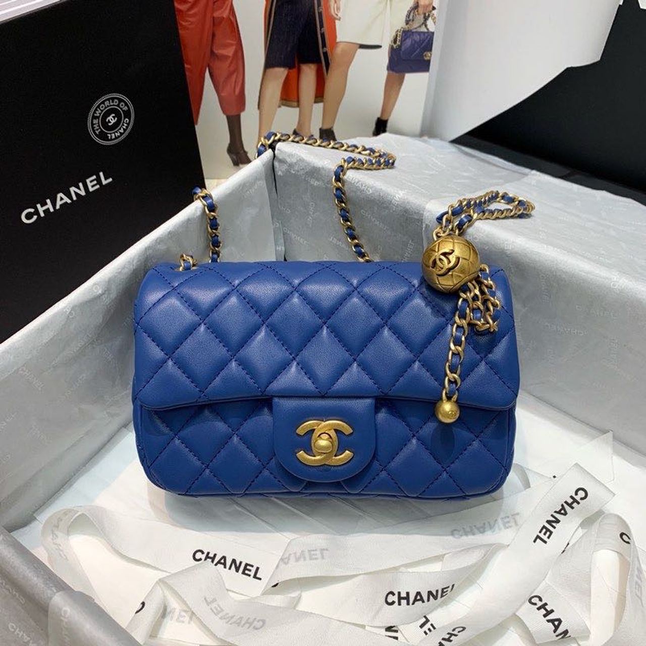 ChanelFlap Bag With ChanelBall On Strap Blue For Women, Women’s Handbags, Shoulder And Crossbody Bags 7.8in/20cm AS1787