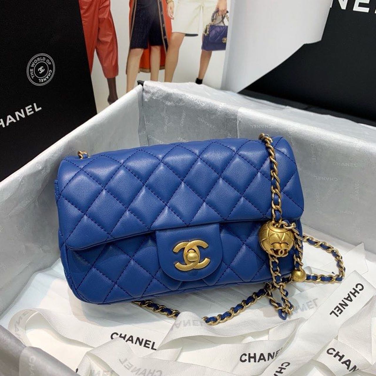 ChanelFlap Bag With ChanelBall On Strap Blue For Women, Women’s Handbags, Shoulder And Crossbody Bags 7.8in/20cm AS1787