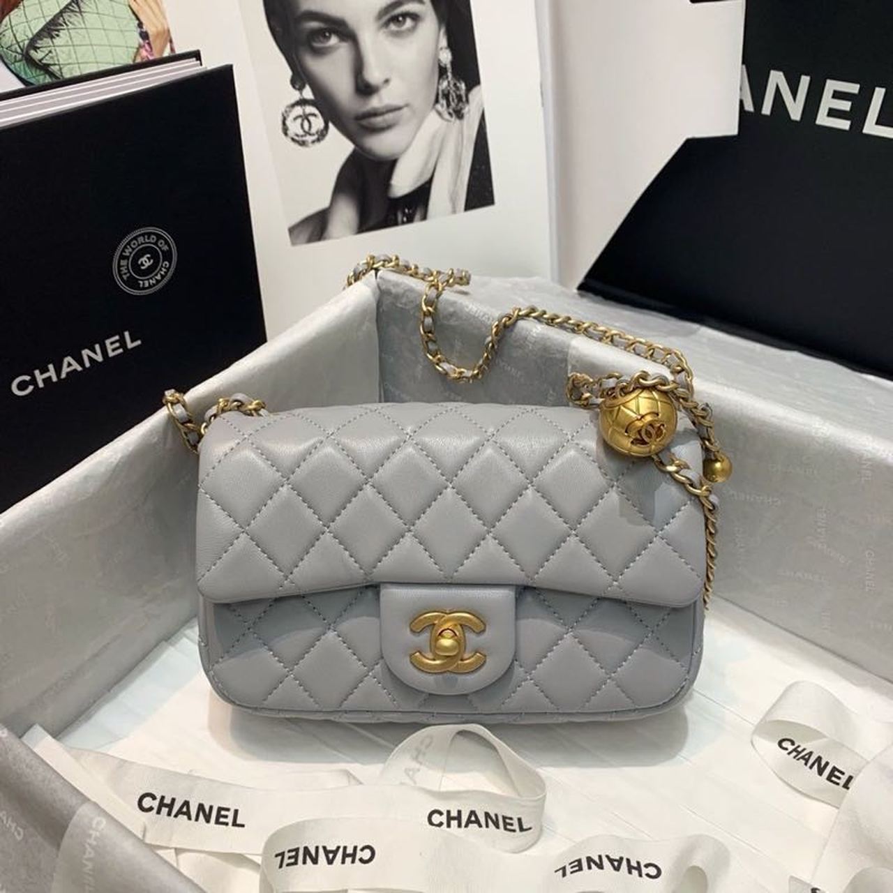 ChanelFlap Bag With ChanelBall On Strap Grey For Women, Women’s Handbags, Shoulder And Crossbody Bags 7.8in/20cm AS1787