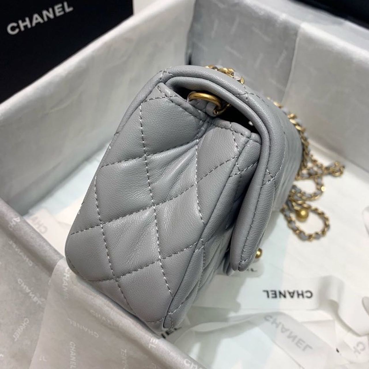 ChanelFlap Bag With ChanelBall On Strap Grey For Women, Women’s Handbags, Shoulder And Crossbody Bags 7.8in/20cm AS1787