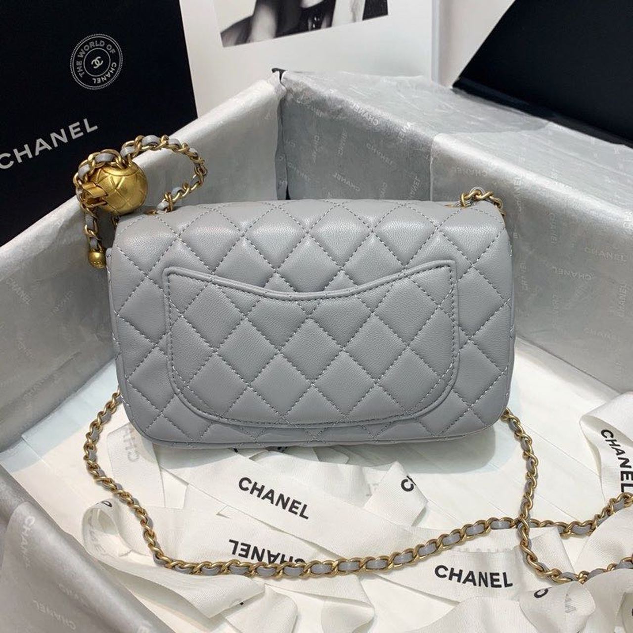 ChanelFlap Bag With ChanelBall On Strap Grey For Women, Women’s Handbags, Shoulder And Crossbody Bags 7.8in/20cm AS1787