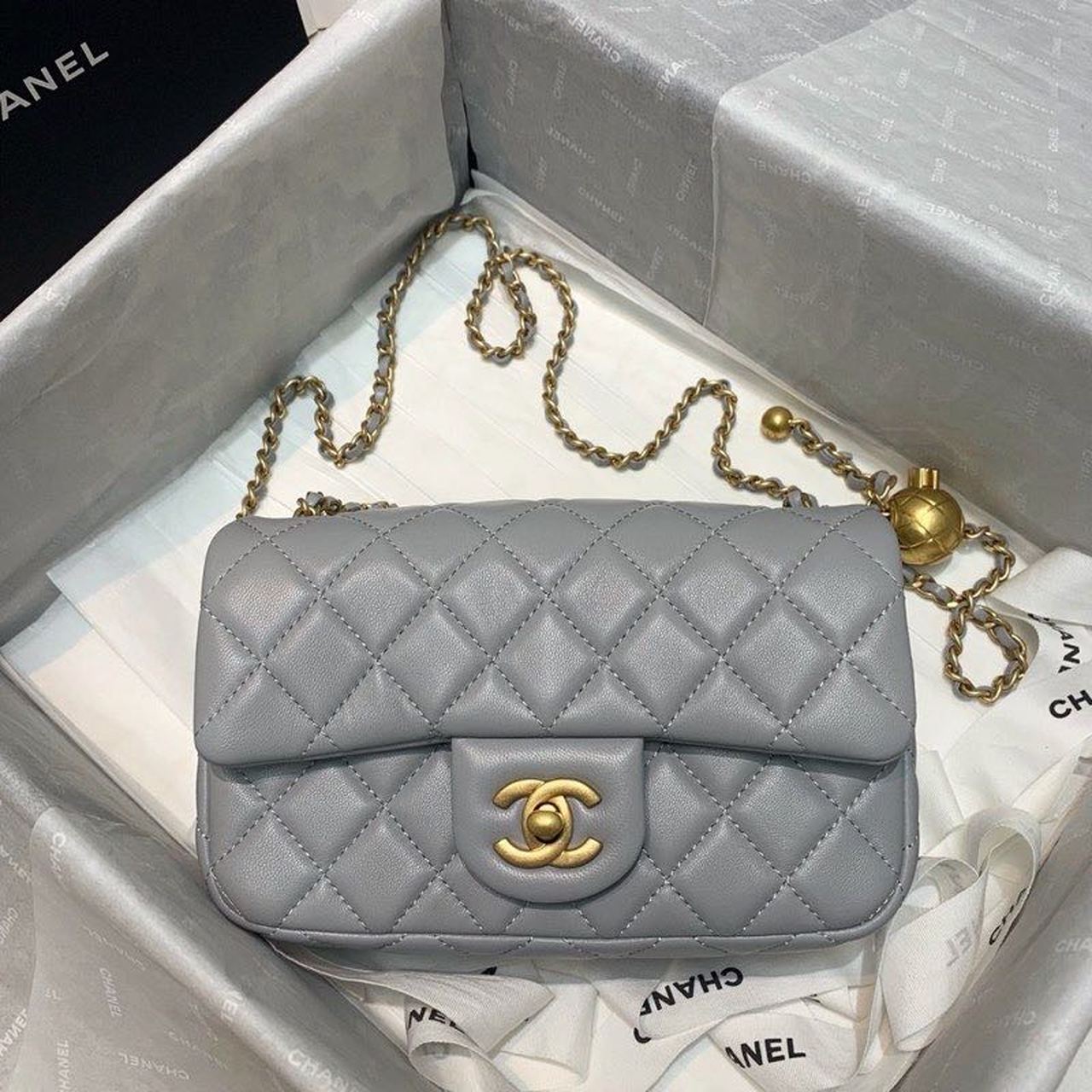 ChanelFlap Bag With ChanelBall On Strap Grey For Women, Women’s Handbags, Shoulder And Crossbody Bags 7.8in/20cm AS1787