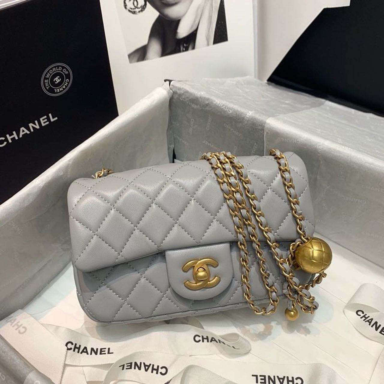 ChanelFlap Bag With ChanelBall On Strap Grey For Women, Women’s Handbags, Shoulder And Crossbody Bags 7.8in/20cm AS1787