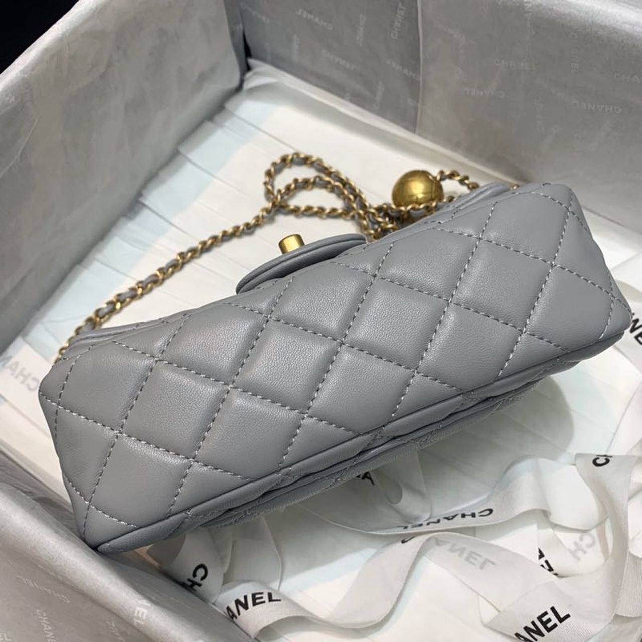 ChanelFlap Bag With ChanelBall On Strap Grey For Women, Women’s Handbags, Shoulder And Crossbody Bags 7.8in/20cm AS1787