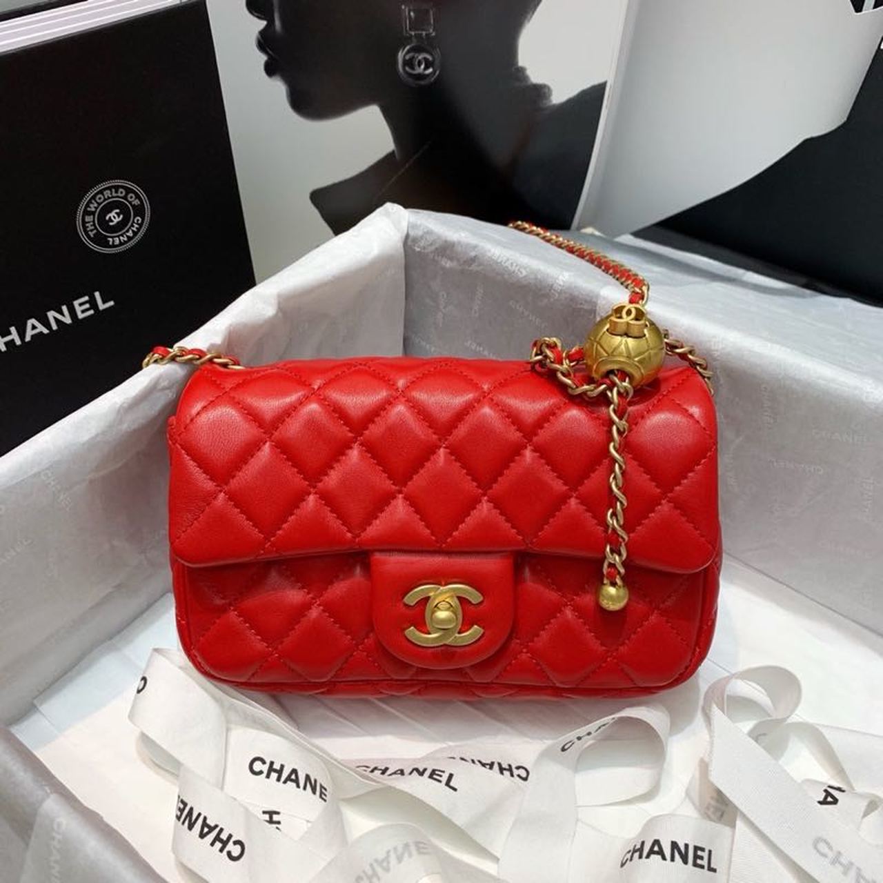 ChanelFlap Bag With ChanelBall On Strap Red For Women, Women’s Handbags, Shoulder And Crossbody Bags 7.8in/20cm AS1787