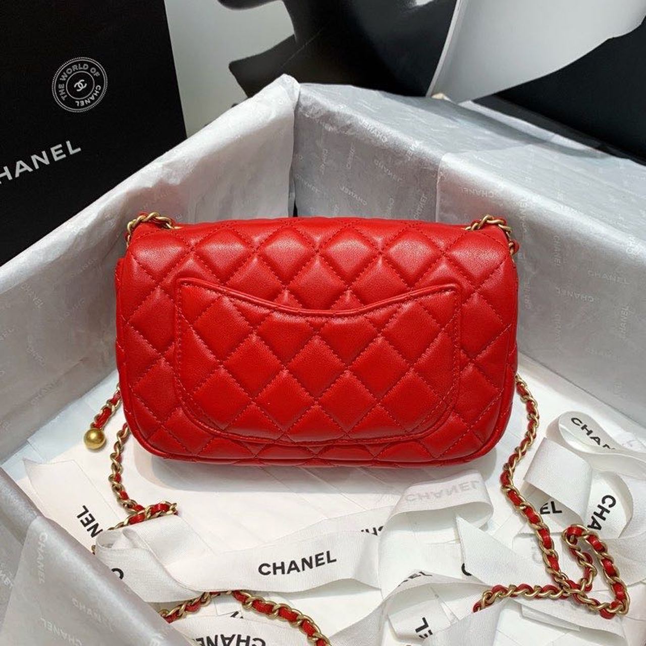 ChanelFlap Bag With ChanelBall On Strap Red For Women, Women’s Handbags, Shoulder And Crossbody Bags 7.8in/20cm AS1787