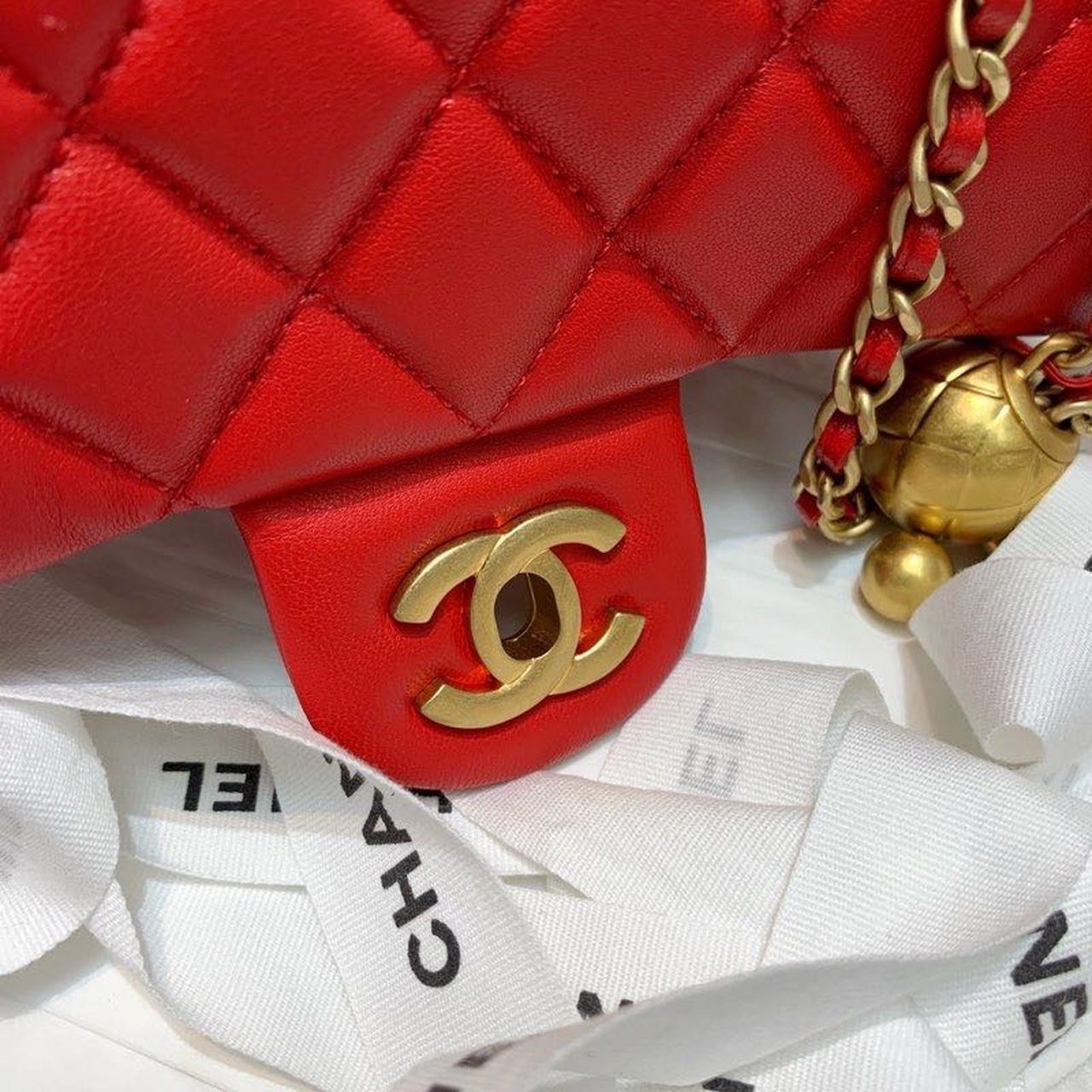 ChanelFlap Bag With ChanelBall On Strap Red For Women, Women’s Handbags, Shoulder And Crossbody Bags 7.8in/20cm AS1787