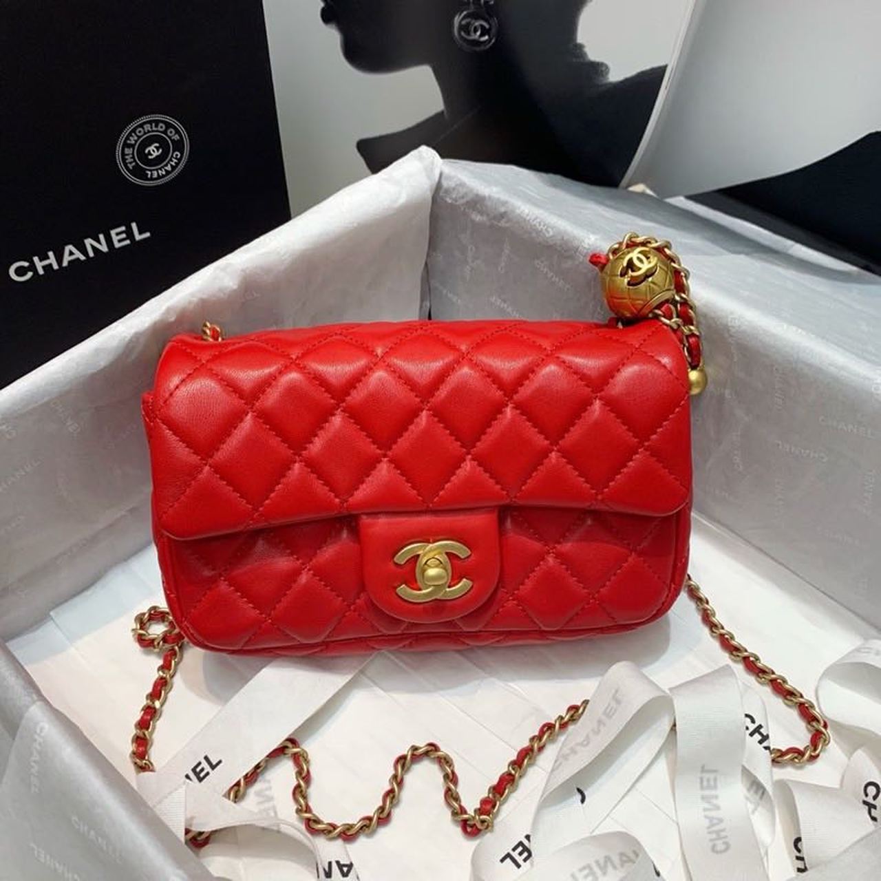 ChanelFlap Bag With ChanelBall On Strap Red For Women, Women’s Handbags, Shoulder And Crossbody Bags 7.8in/20cm AS1787