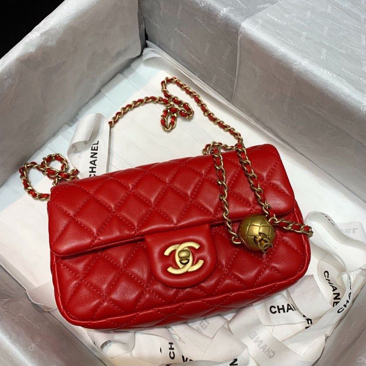 ChanelFlap Bag With ChanelBall On Strap Red For Women, Women’s Handbags, Shoulder And Crossbody Bags 7.8in/20cm AS1787