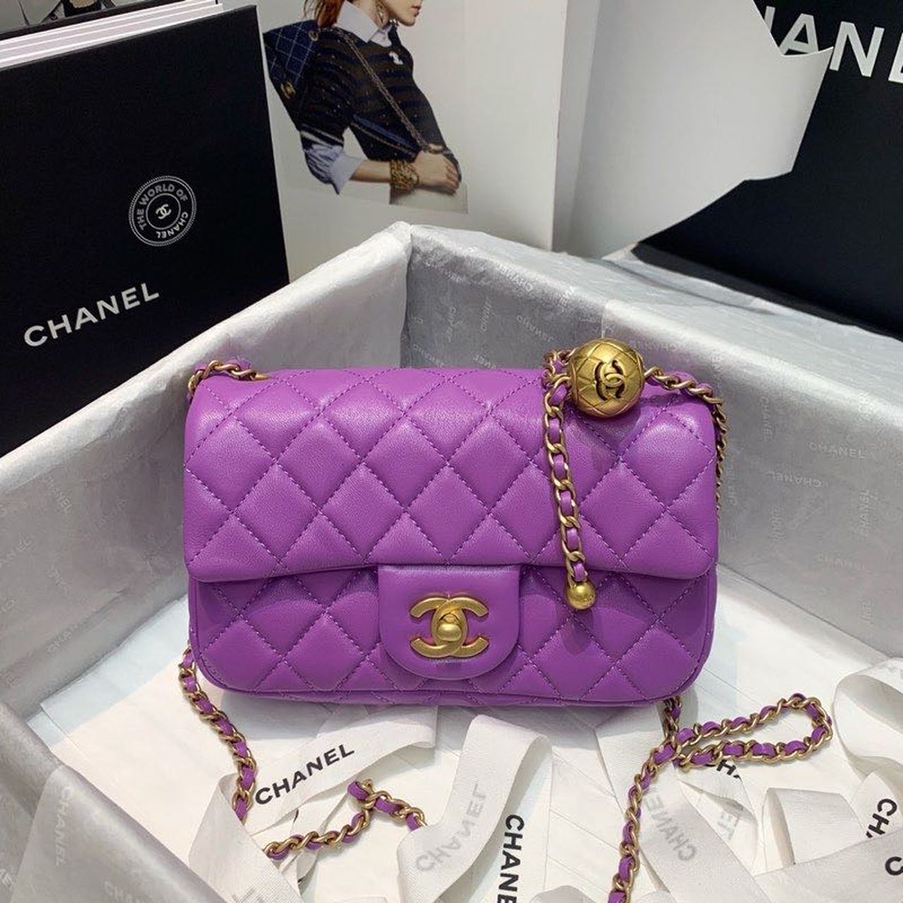 ChanelFlap Bag With ChanelBall On Strap Purple For Women, Women’s Handbags, Shoulder And Crossbody Bags 7.8in/20cm AS1787