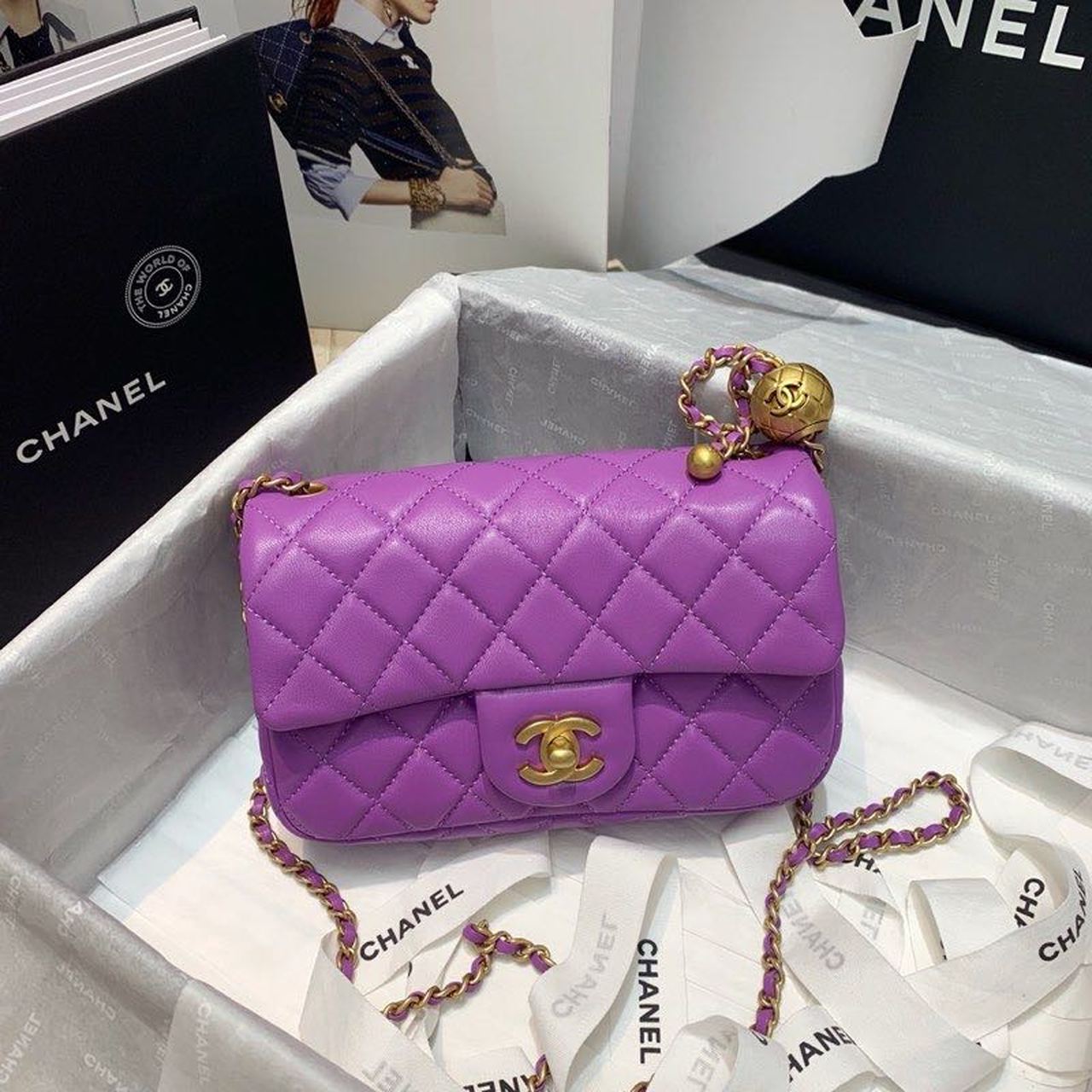 ChanelFlap Bag With ChanelBall On Strap Purple For Women, Women’s Handbags, Shoulder And Crossbody Bags 7.8in/20cm AS1787