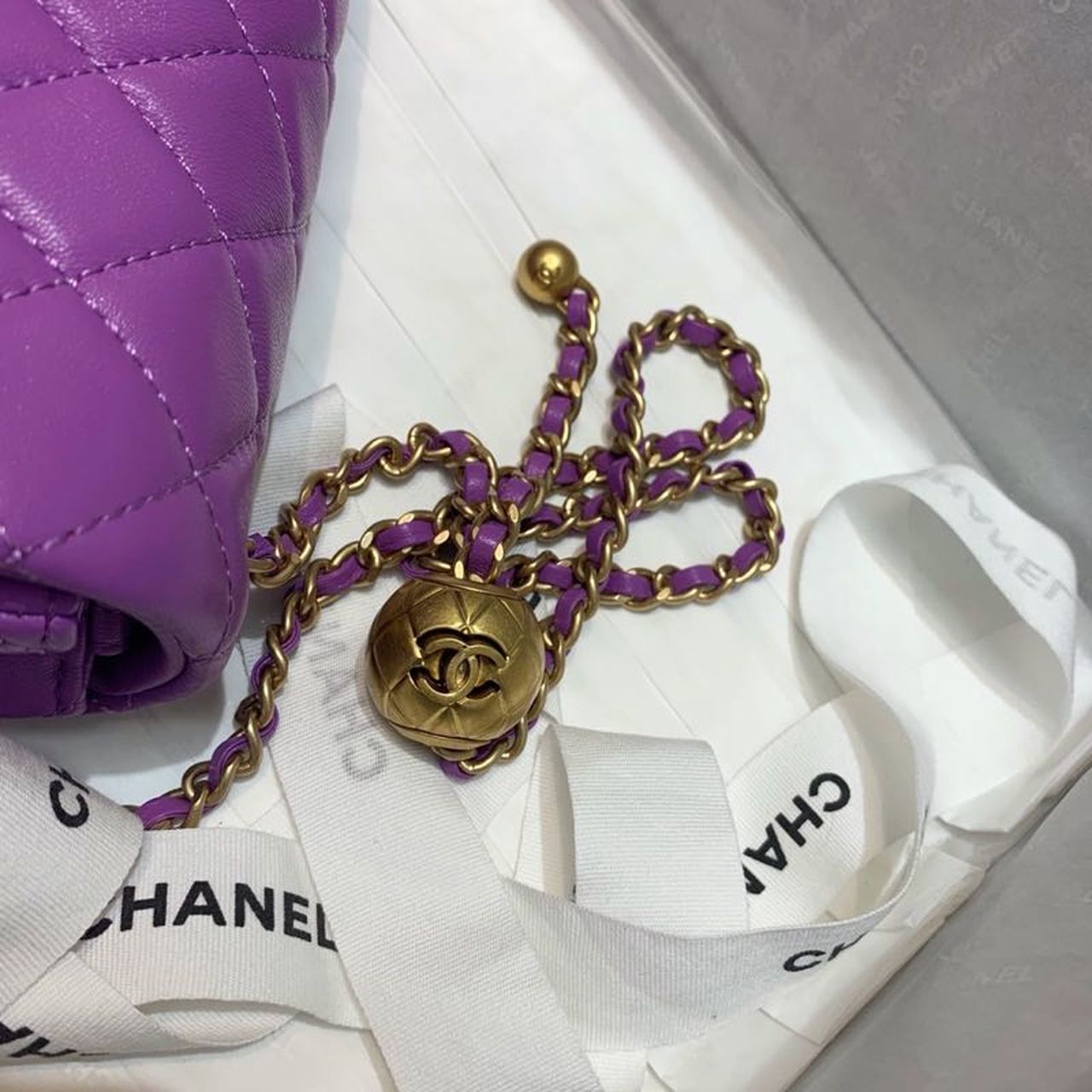ChanelFlap Bag With ChanelBall On Strap Purple For Women, Women’s Handbags, Shoulder And Crossbody Bags 7.8in/20cm AS1787