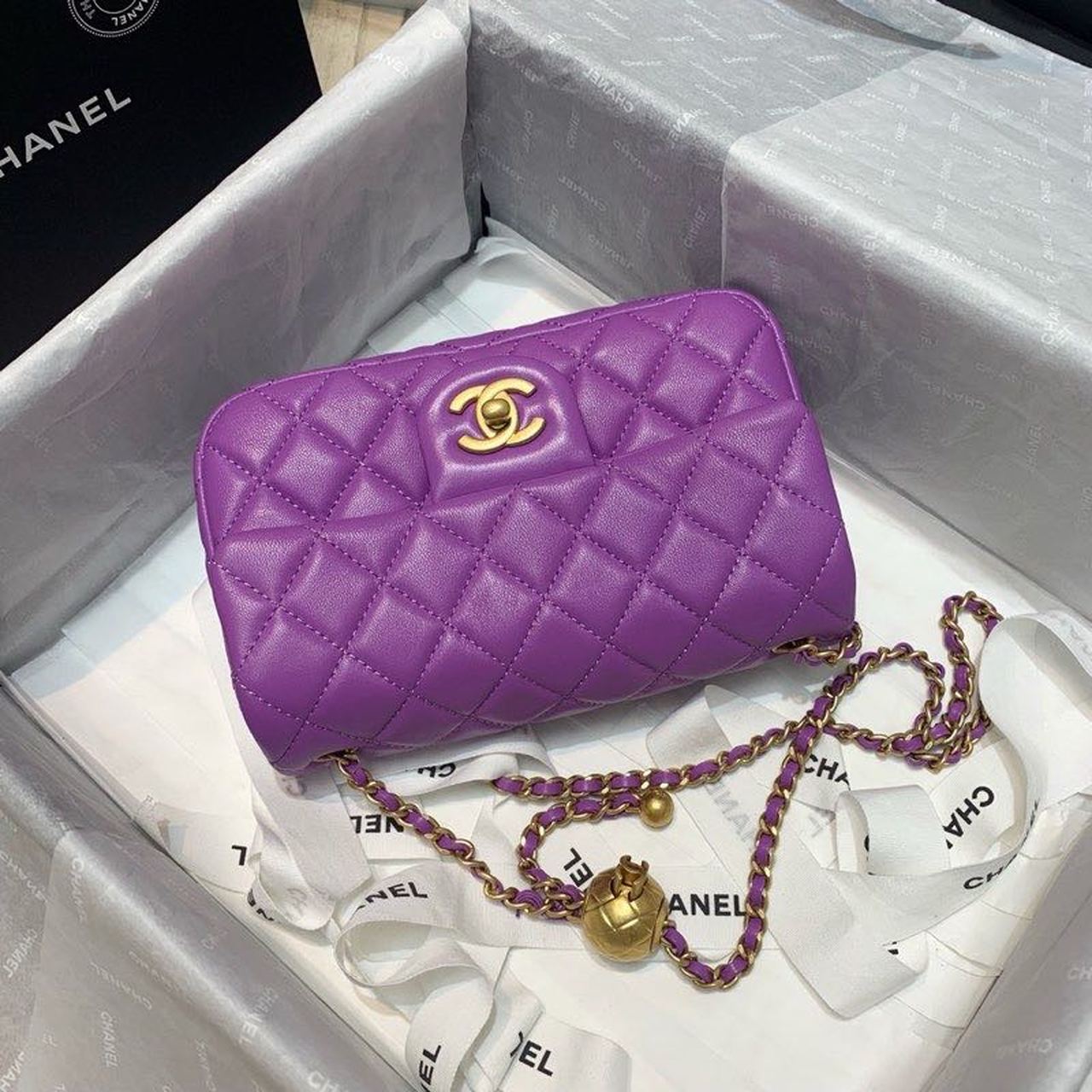 ChanelFlap Bag With ChanelBall On Strap Purple For Women, Women’s Handbags, Shoulder And Crossbody Bags 7.8in/20cm AS1787