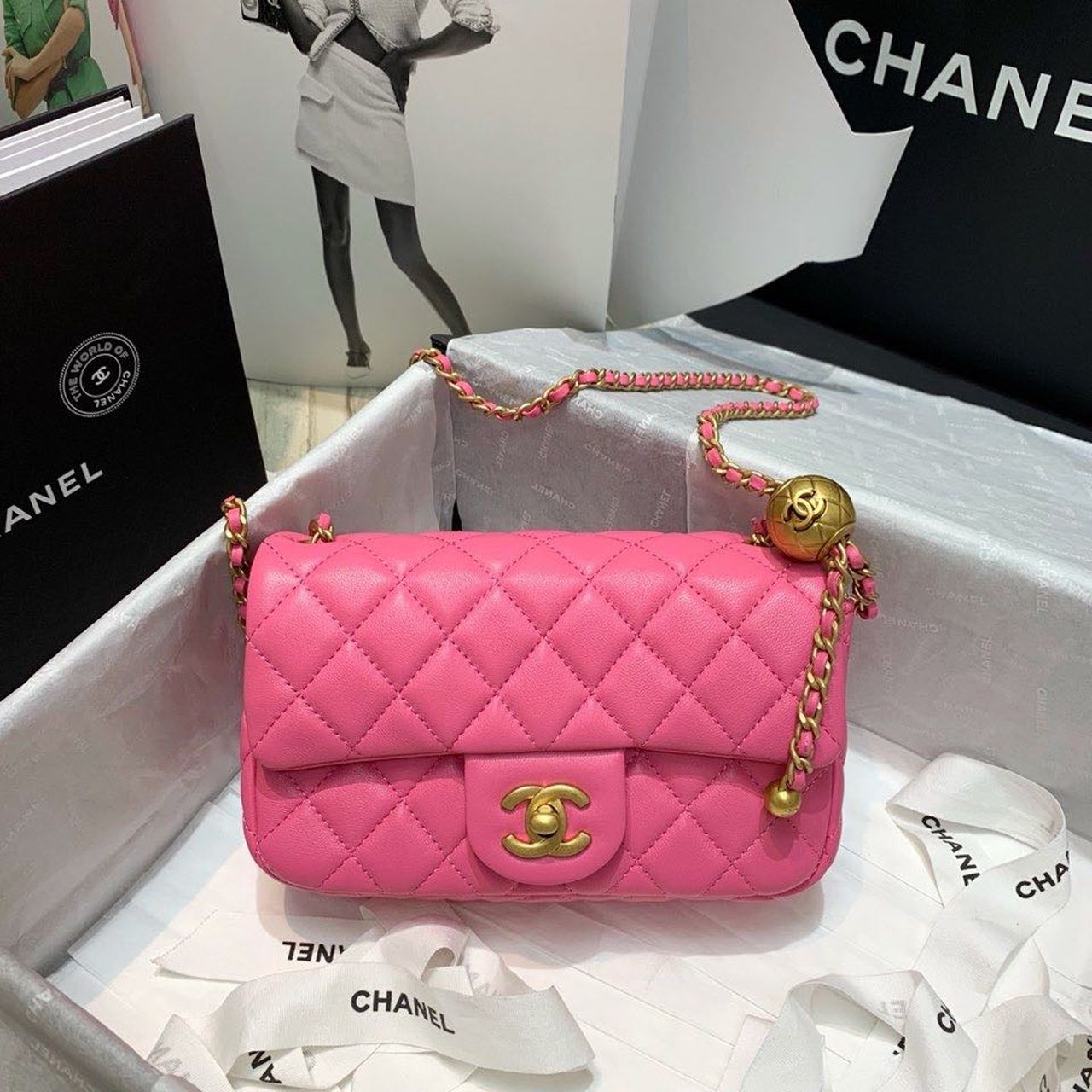 ChanelFlap Bag With ChanelBall On Strap PiNike For Women, Women’s Handbags, Shoulder And Crossbody Bags 7.8in/20cm AS1787