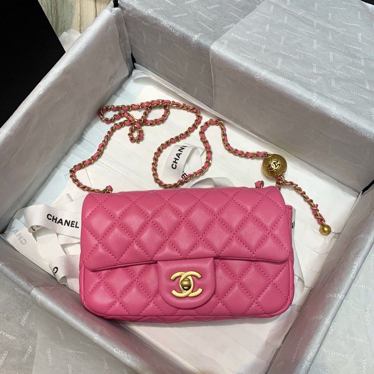 ChanelFlap Bag With ChanelBall On Strap PiNike For Women, Women’s Handbags, Shoulder And Crossbody Bags 7.8in/20cm AS1787