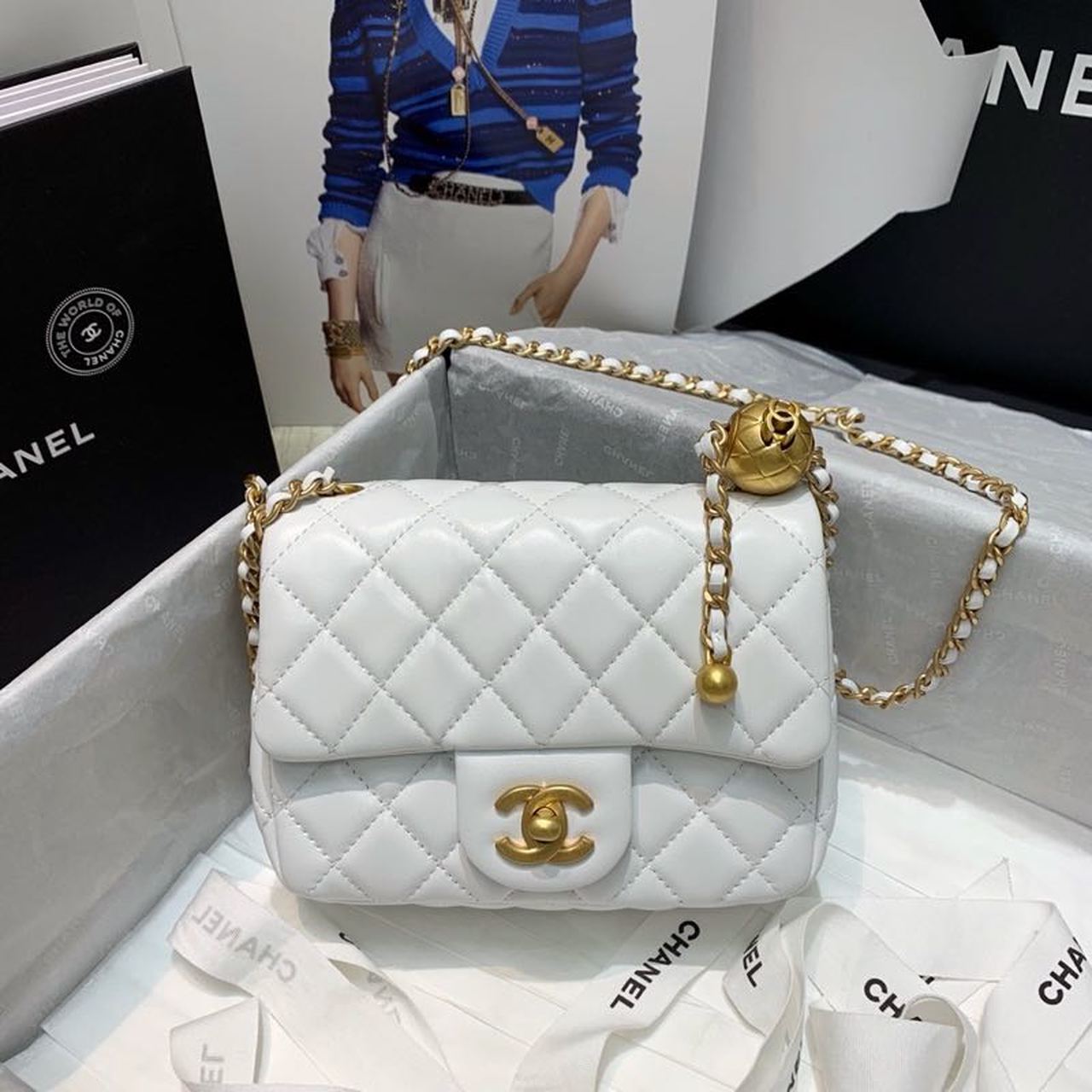 ChanelMini Flap Bag With ChanelBall On Strap White For Women, Women’s Handbags, Shoulder And Crossbody Bags 6.7in/17cm AS1786