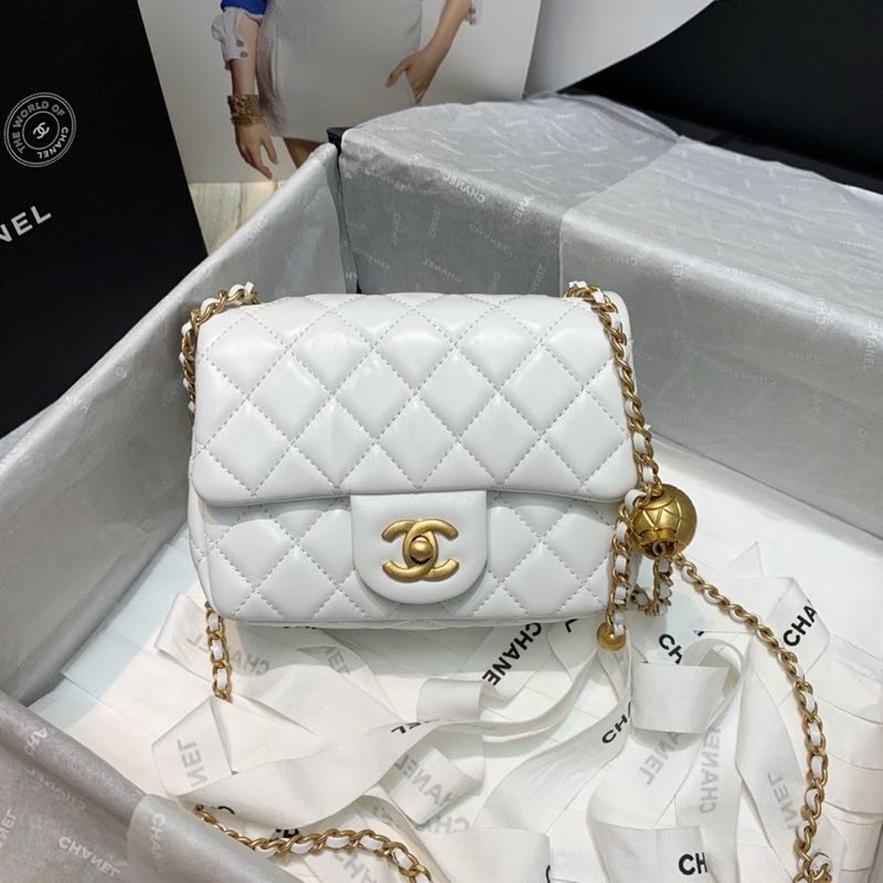 ChanelMini Flap Bag With ChanelBall On Strap White For Women, Women’s Handbags, Shoulder And Crossbody Bags 6.7in/17cm AS1786